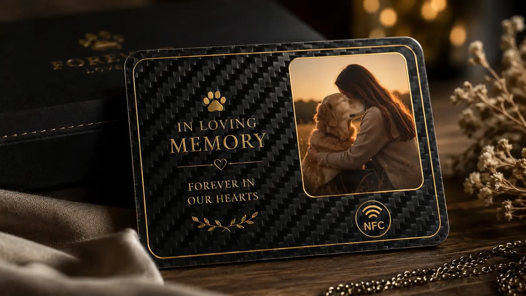 Milo digital pet memorial page with carbon fiber NFC memorial card