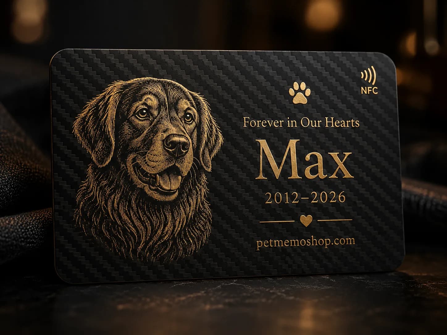 NFC card engraving detail with pet name