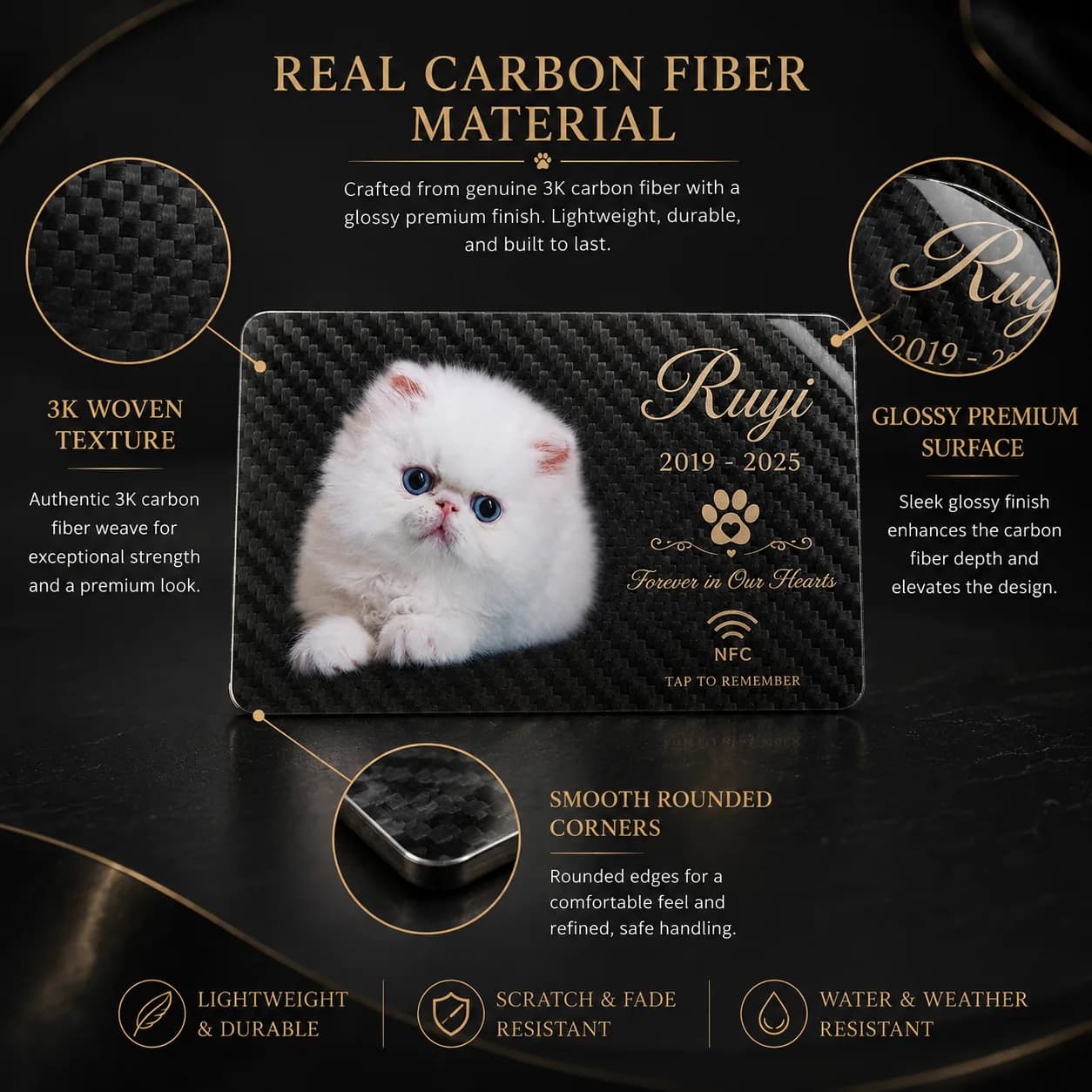 real carbon fiber material infographic for personalized cat memorial NFC plaque showing 3K woven texture, glossy premium surface, smooth rounded corners, and lightweight durable construction