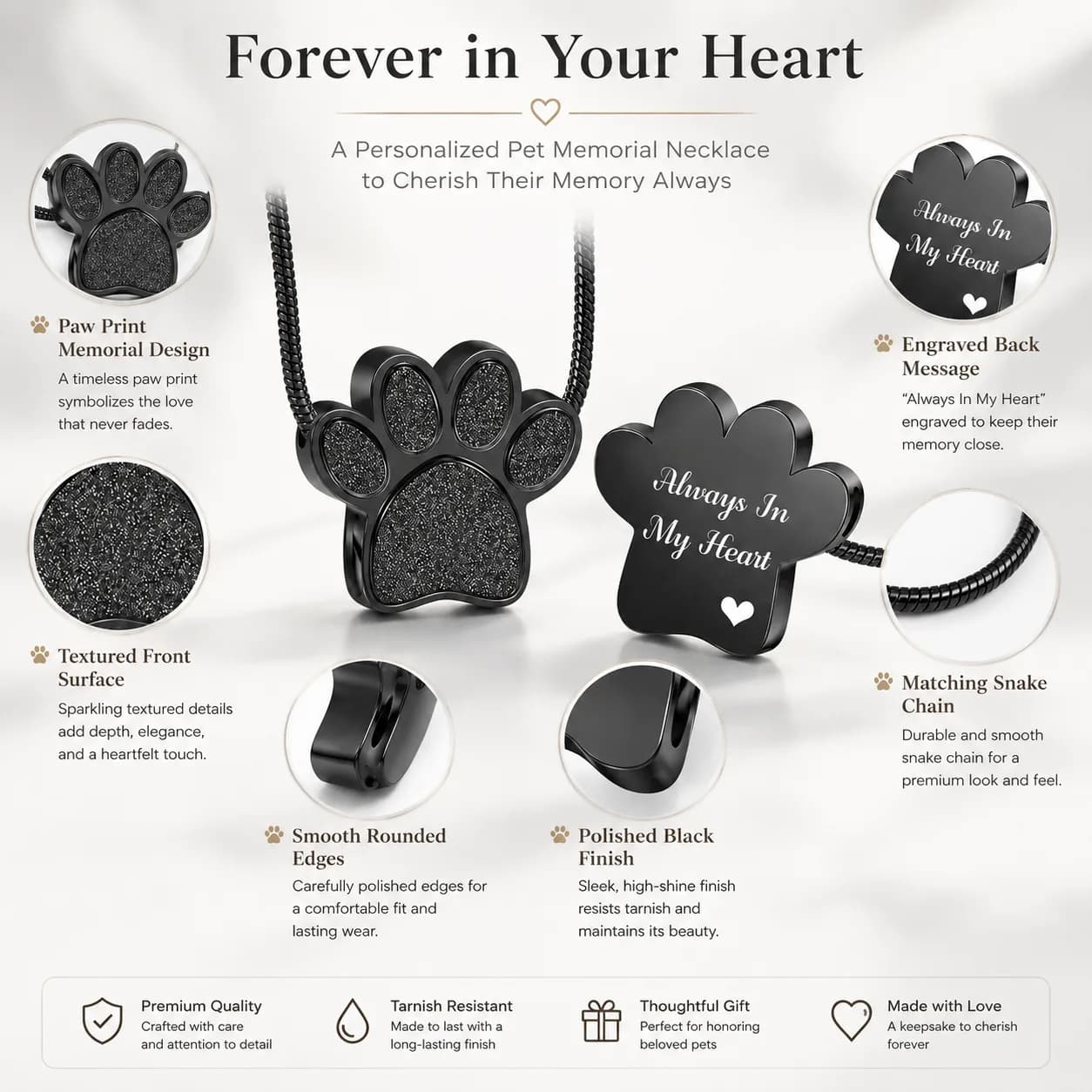 black paw print pet memorial necklace detail infographic showing engraved back message, textured front surface, smooth rounded edges, polished black finish, and matching snake chain