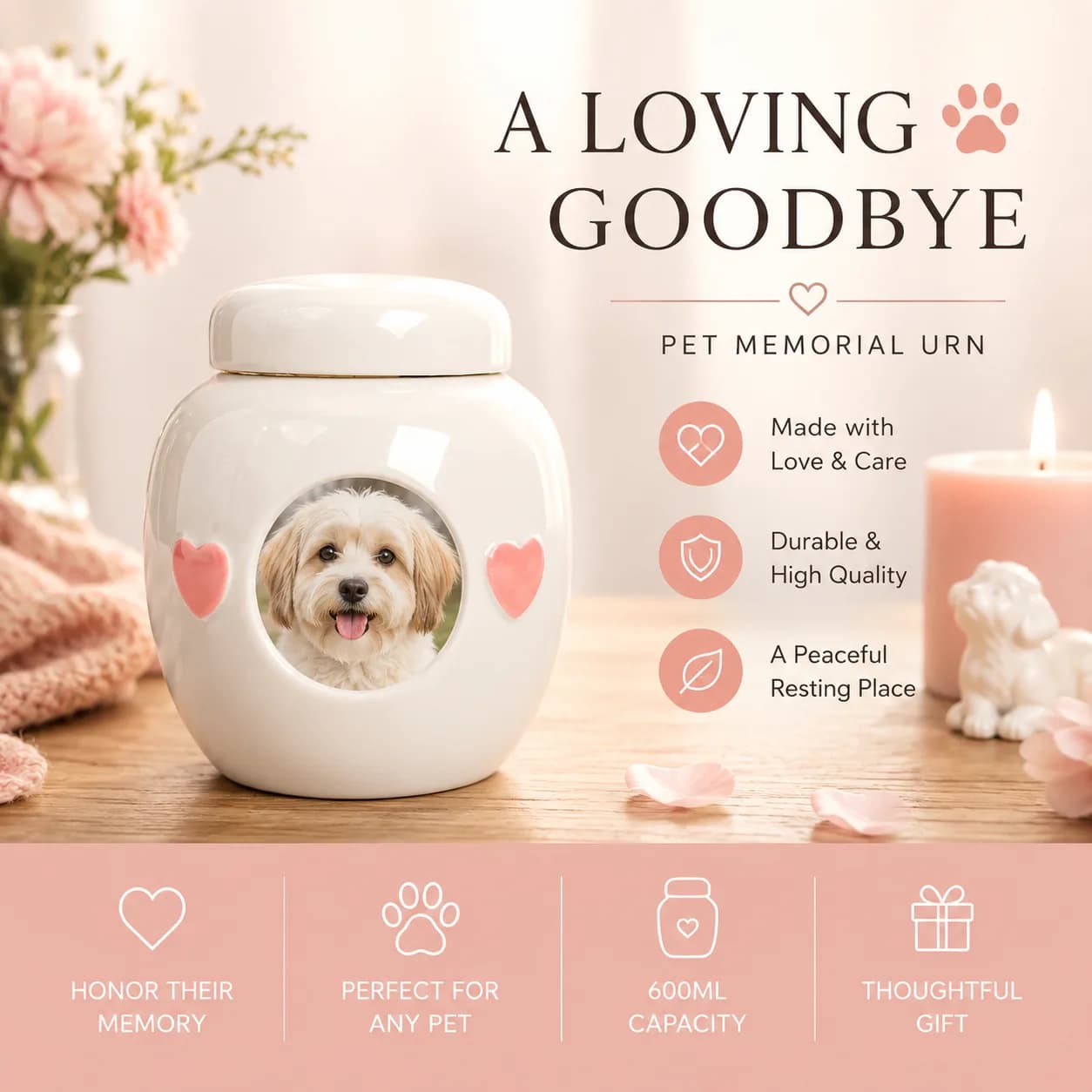 ceramic pet cremation urn with gold nameplate