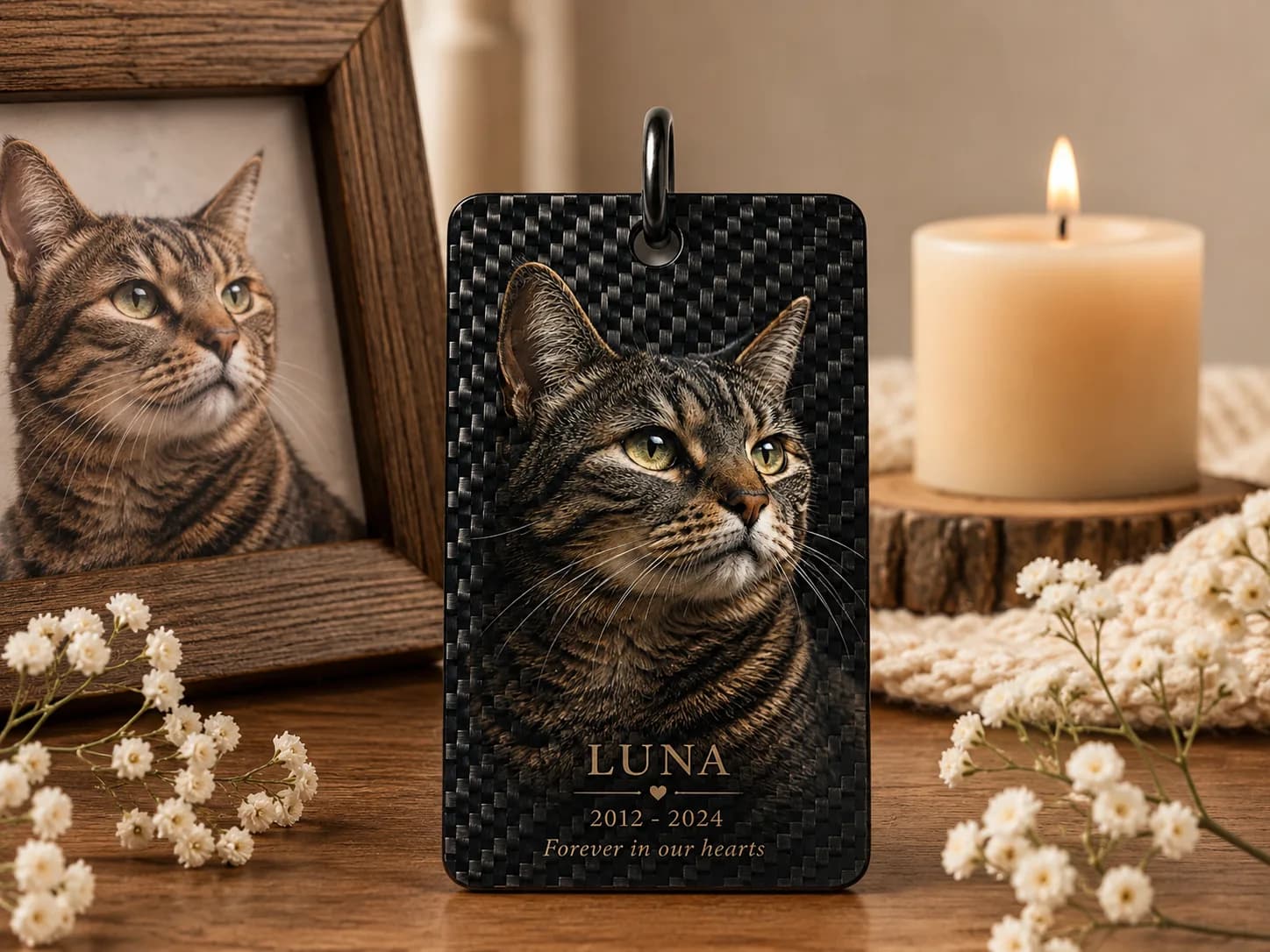 personalized carbon fiber cat memorial NFC plaque displayed with framed pet photo, candle and flowers