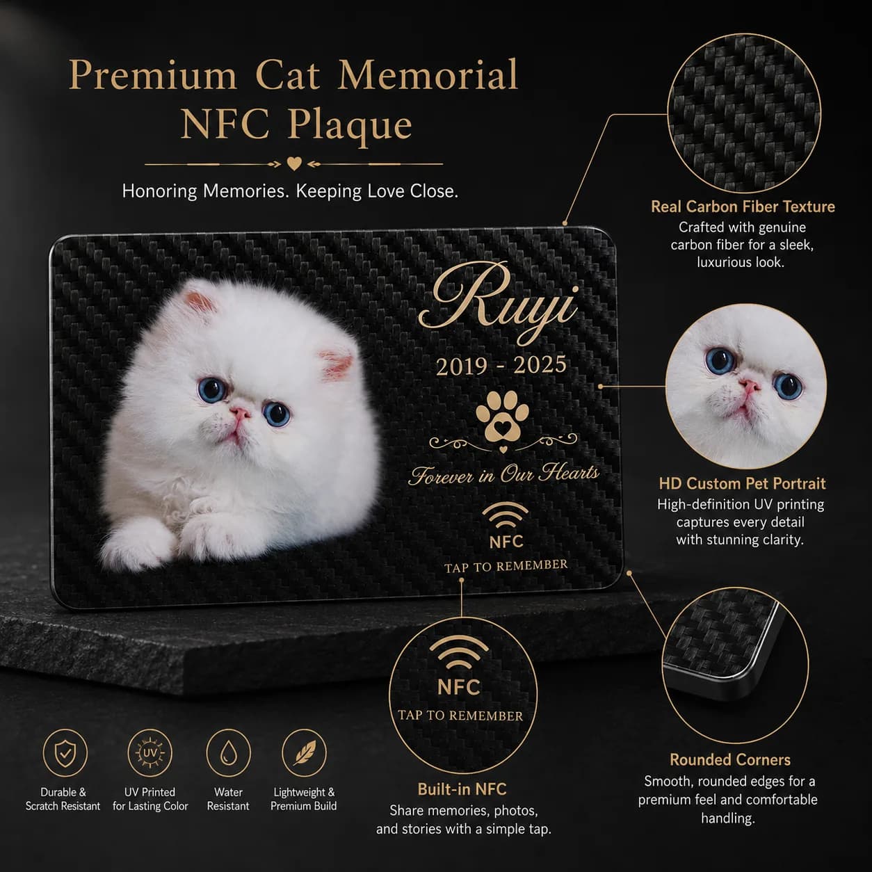 Premium NFC pet memorial card with carbon fiber design opening a digital memorial page for a beloved pet