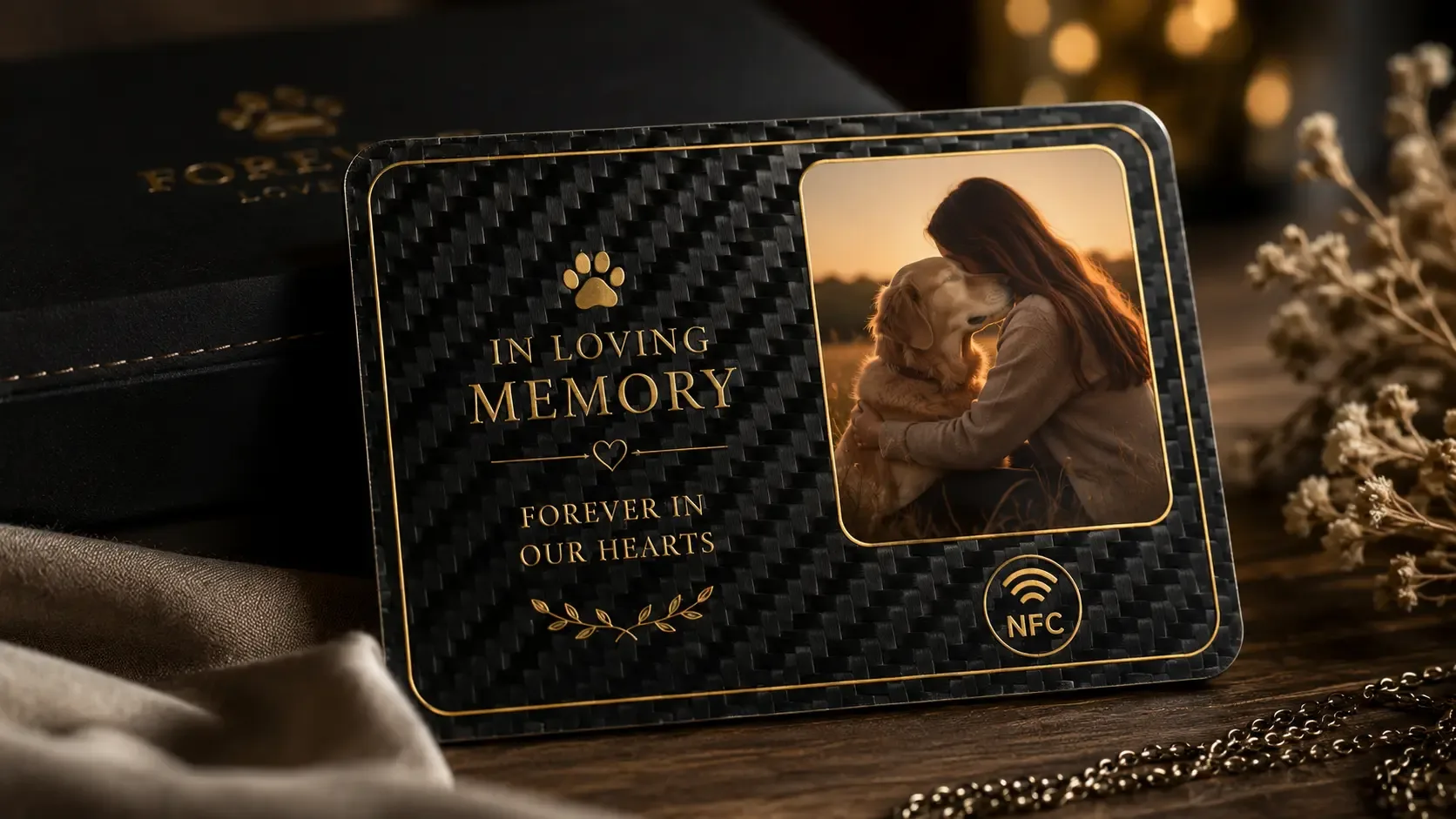 Milo digital pet memorial page with carbon fiber NFC memorial card
