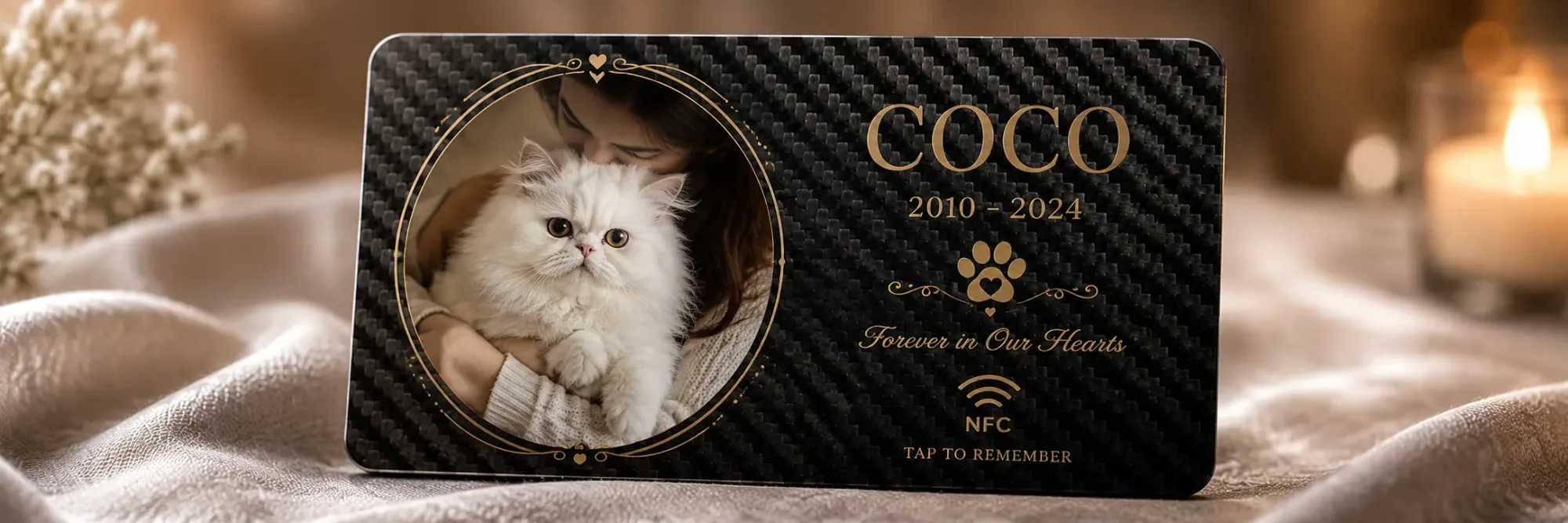 Coco digital pet memorial page with carbon fiber NFC memorial card