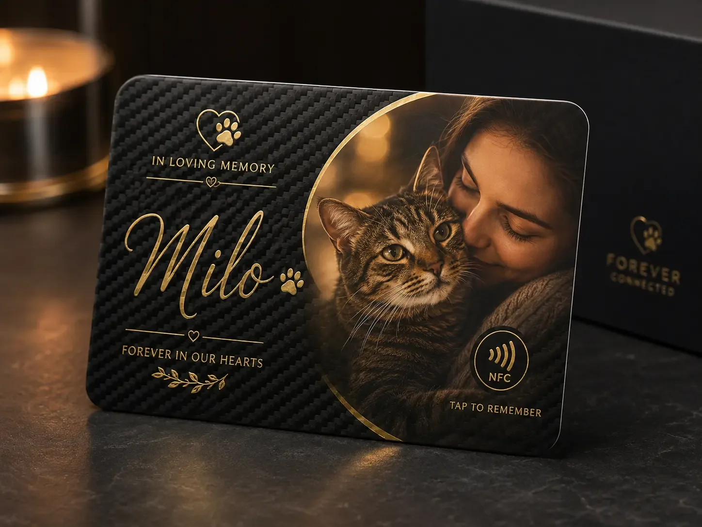 Milo digital pet memorial page with carbon fiber NFC memorial card