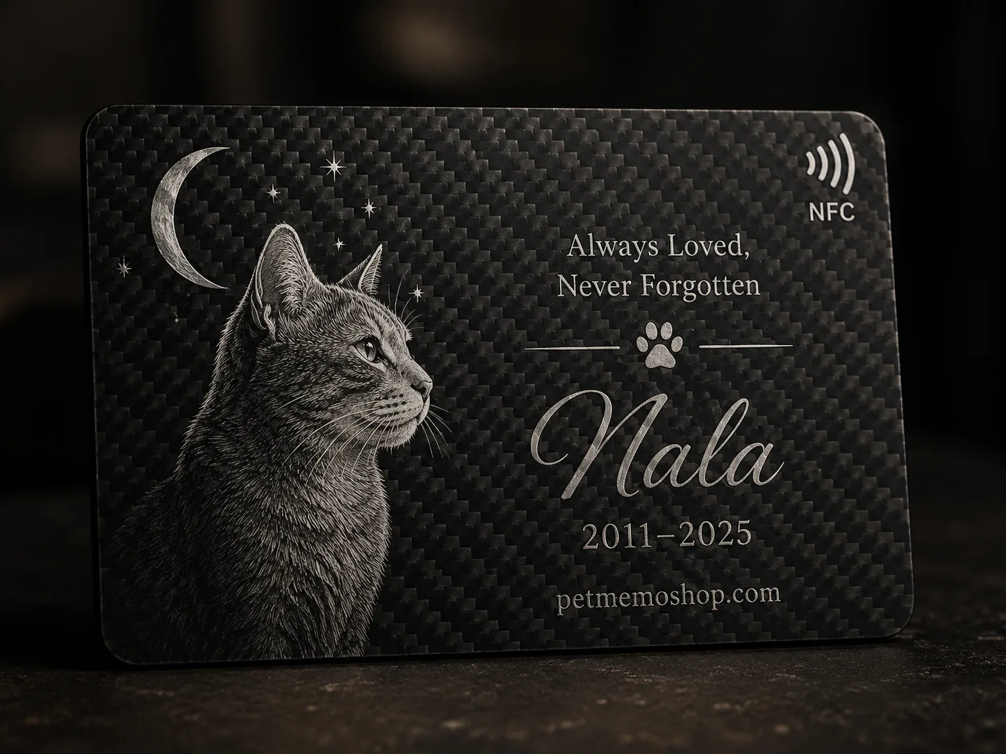 laser engraving detail on carbon fiber memorial tag
