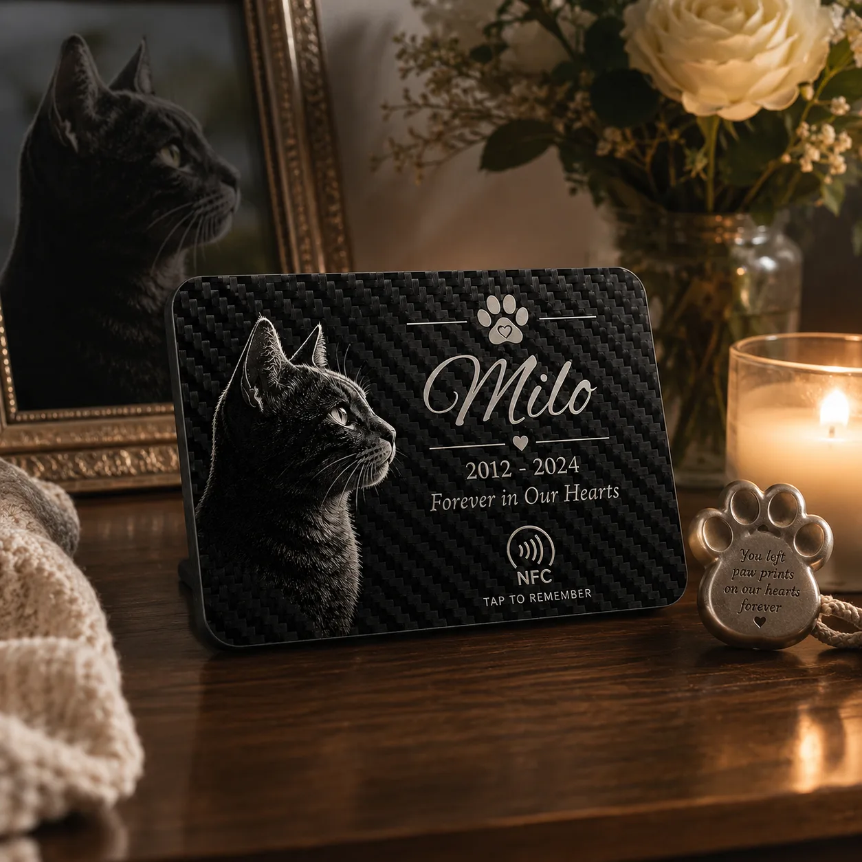 personalized carbon fiber cat memorial NFC plaque displayed with framed pet photo, candle and flowers