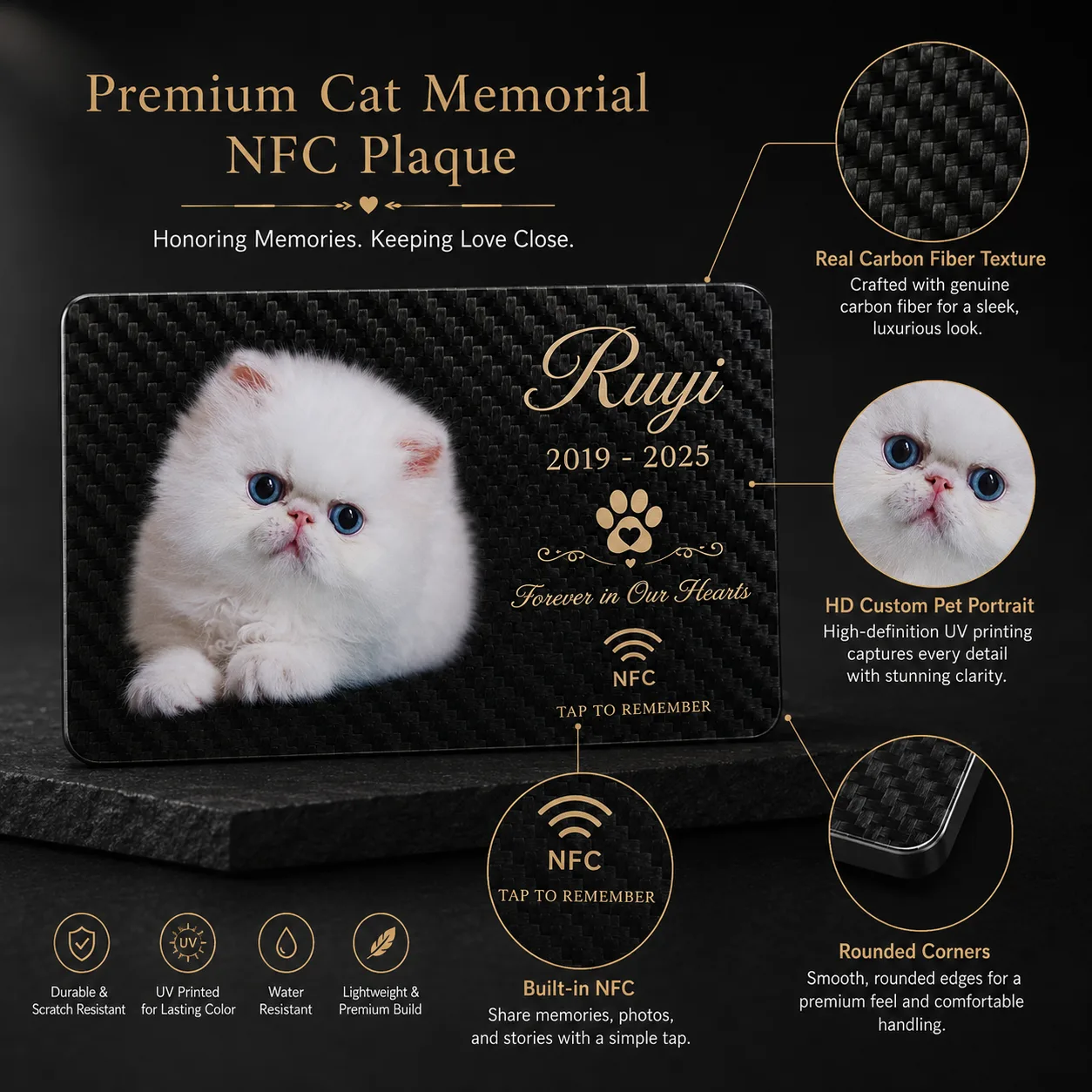 Carte commémorative NFC pour animal ouvrant une page de souvenirs numérique sur smartphone