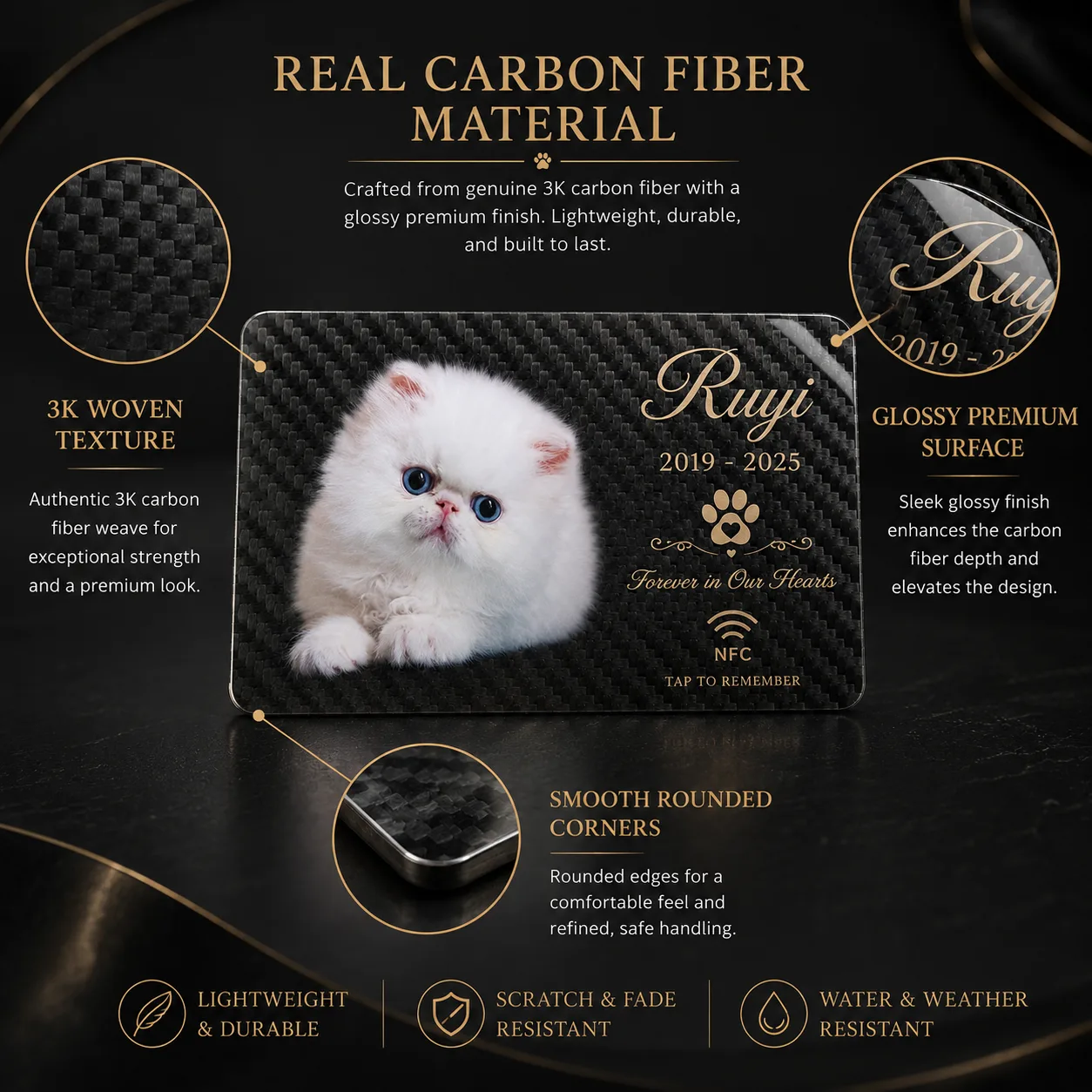 real carbon fiber material infographic for personalized cat memorial NFC plaque showing 3K woven texture, glossy premium surface, smooth rounded corners, and lightweight durable construction