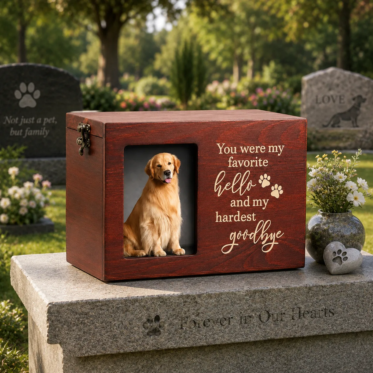 wooden pet cremation urn with nameplate