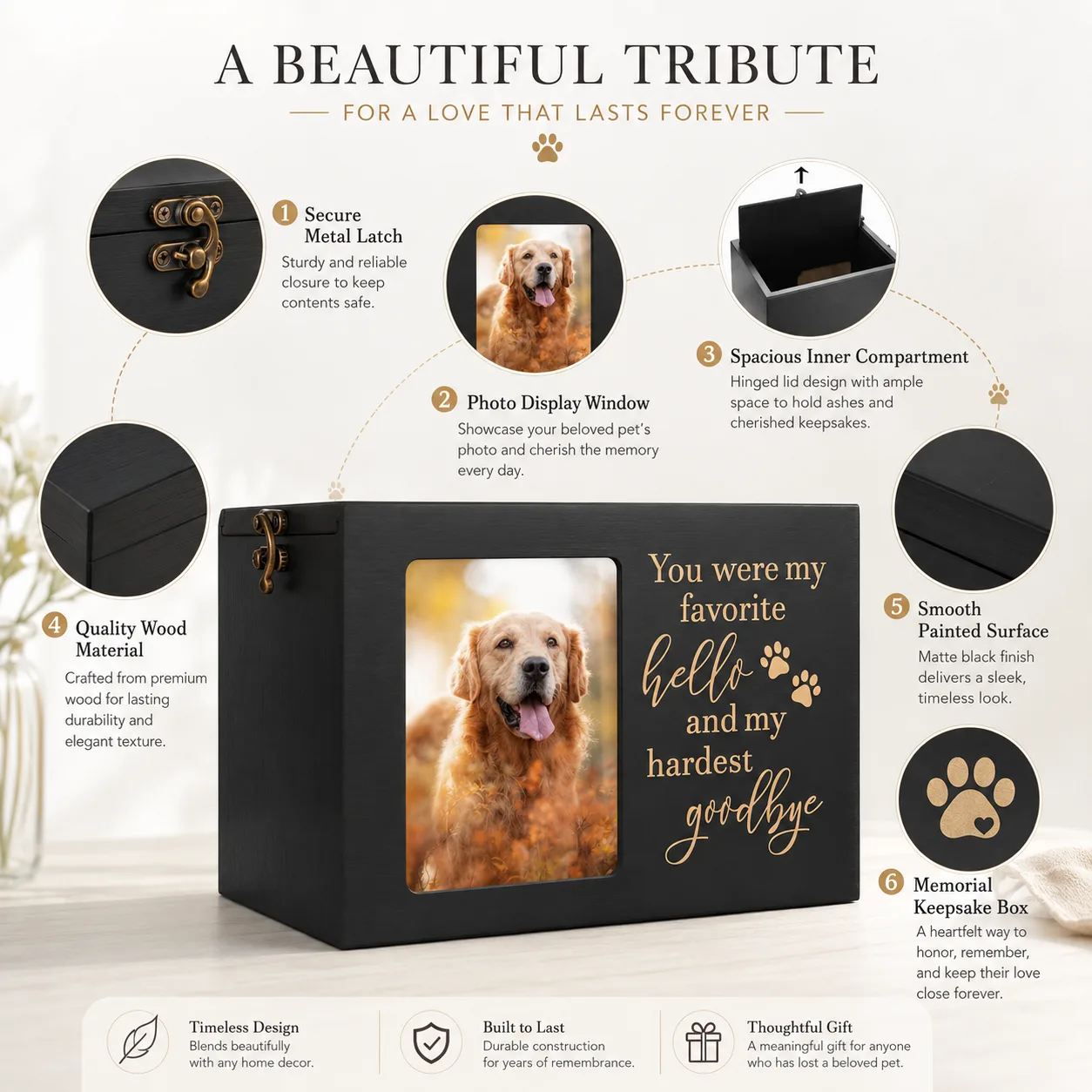 wooden pet urn detail infographic showing secure metal latch, photo display window, spacious inner compartment, premium wood material, smooth painted surface, and memorial keepsake design