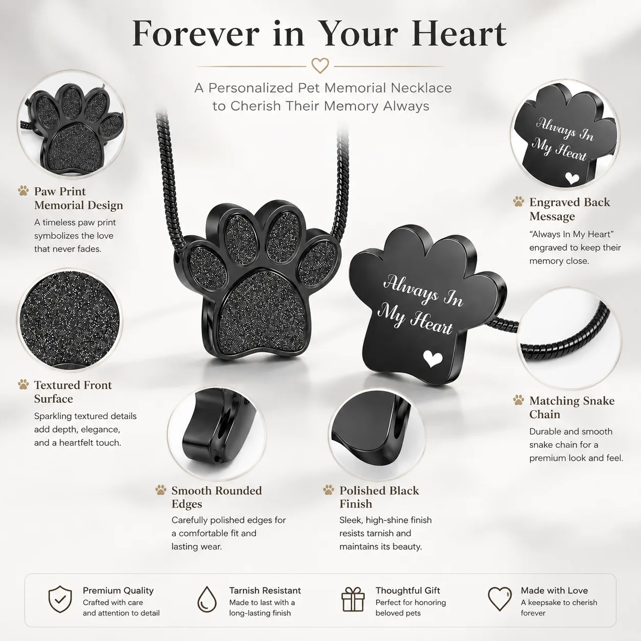 black paw print pet memorial necklace detail infographic showing engraved back message, textured front surface, smooth rounded edges, polished black finish, and matching snake chain