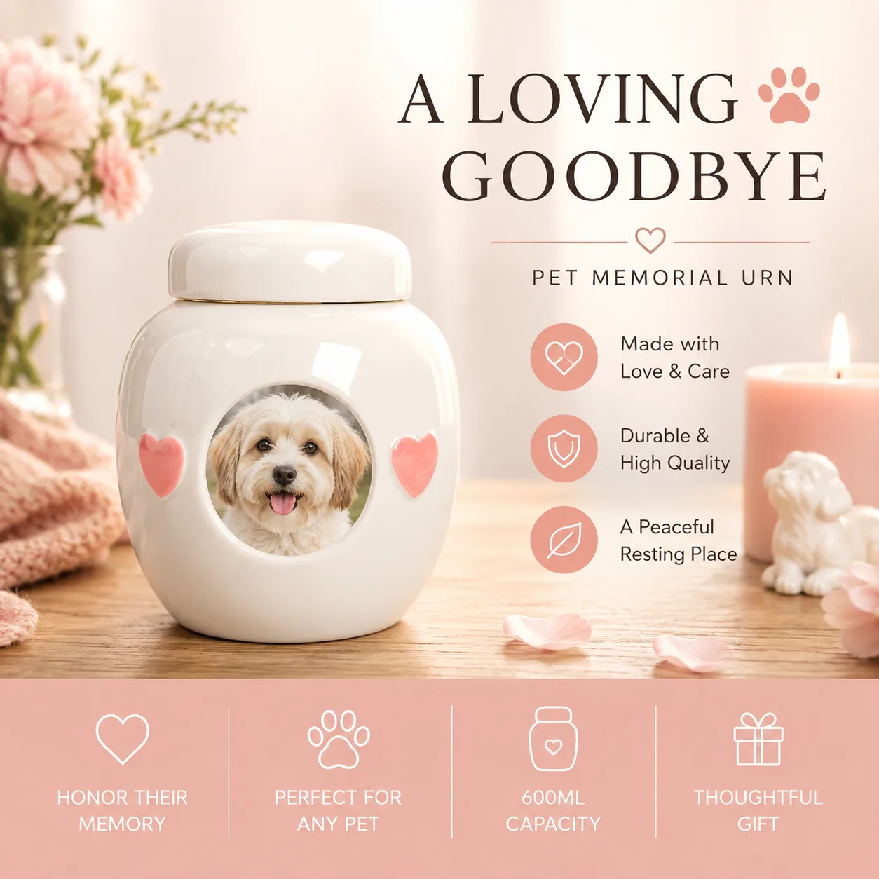ceramic pet cremation urn with gold nameplate