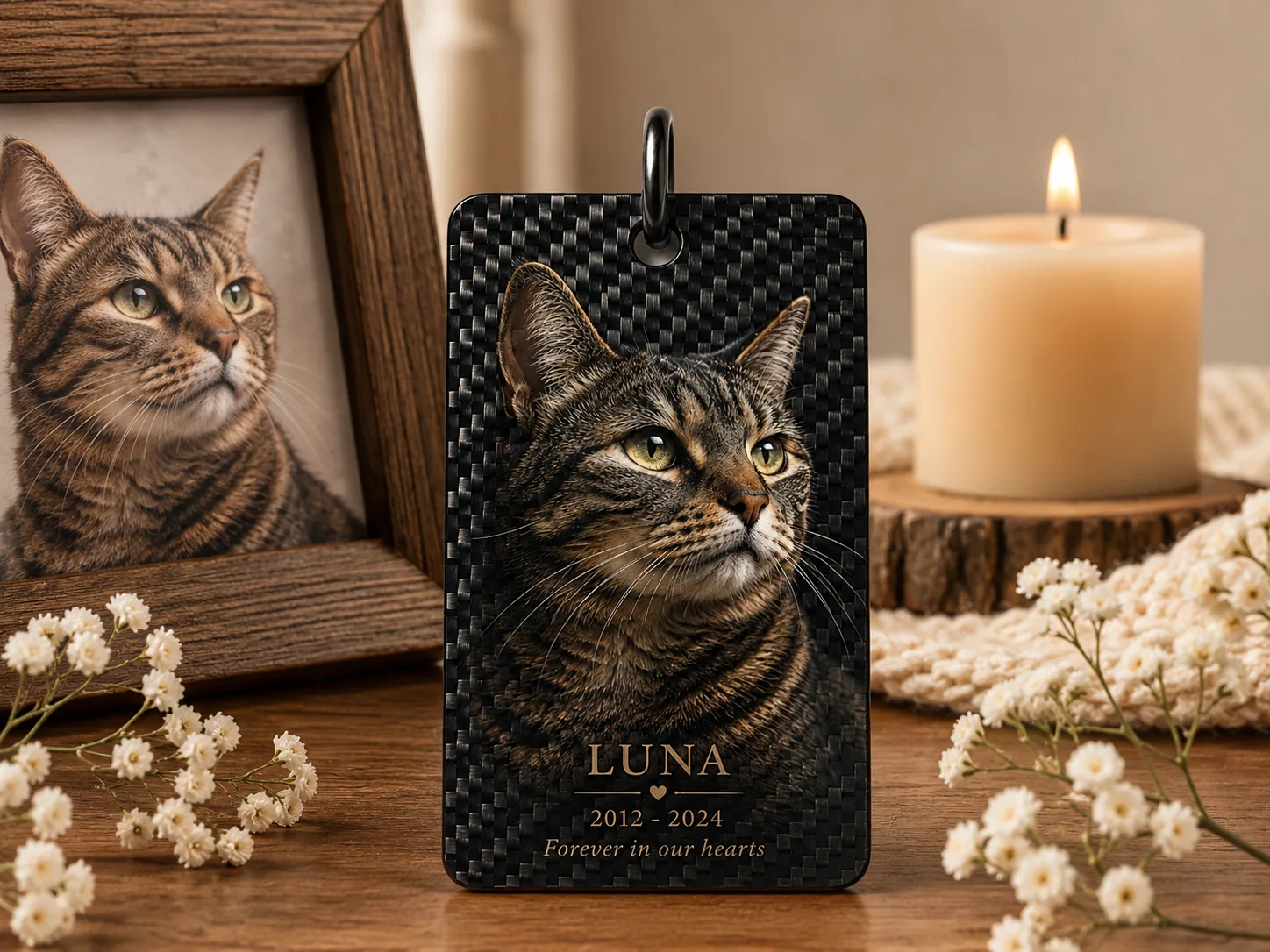 personalized carbon fiber cat memorial NFC plaque displayed with framed pet photo, candle and flowers
